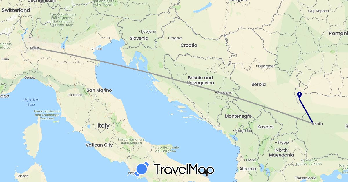 TravelMap itinerary: driving, plane in Bulgaria, Italy (Europe)